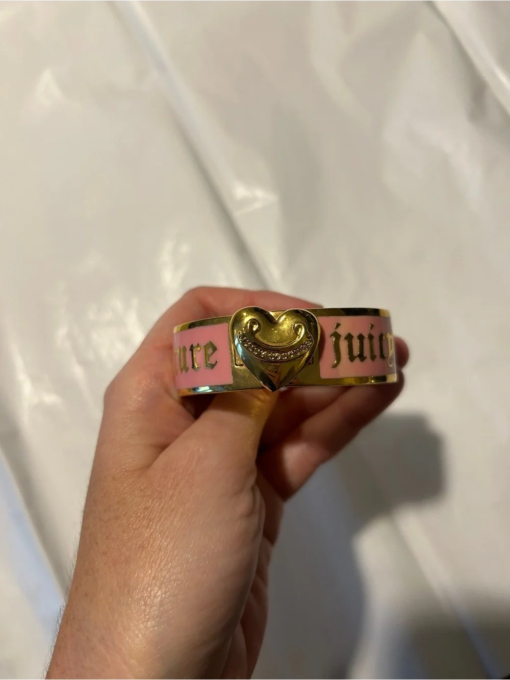 Juicy Couture Gold and Pink Heart Logo Cuff Bracelet